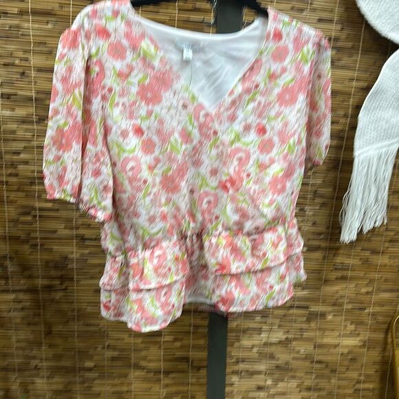 Bar III Printed Puff Sleeve Peplum Top Floral Dot 2XL - Picture 2 of 3